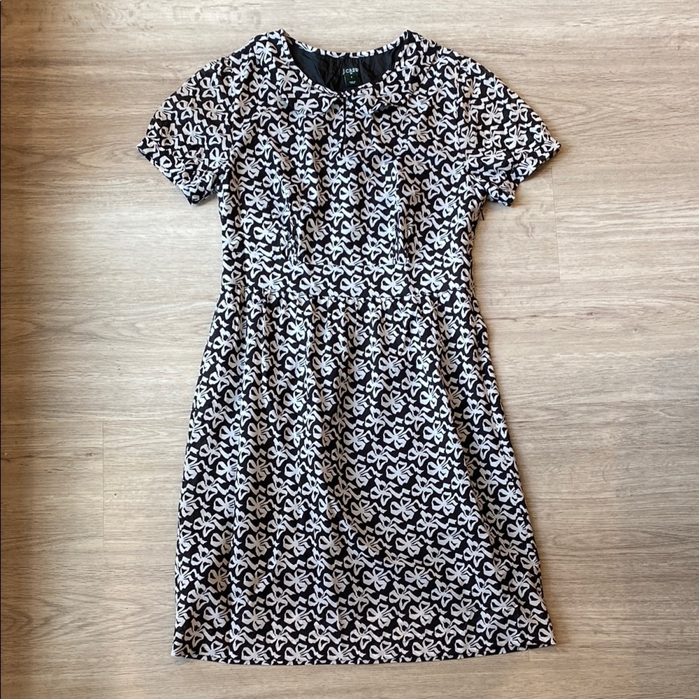 J. Crew Black and White Bow Print Midi Dress with Peter Pan Collar Size 6